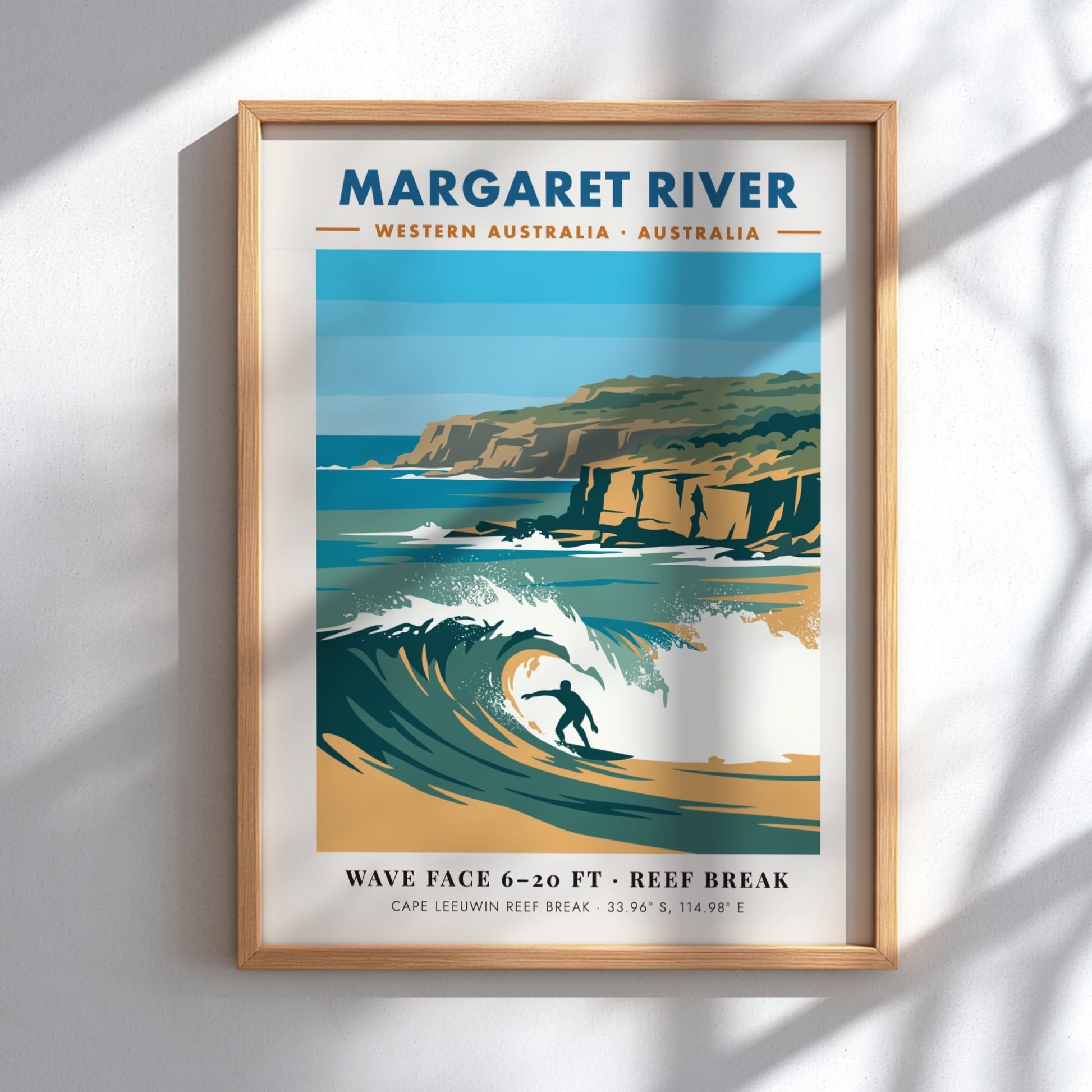 Margaret River surf poster featuring a blue wave, golden cliffs, and coastal coordinates.