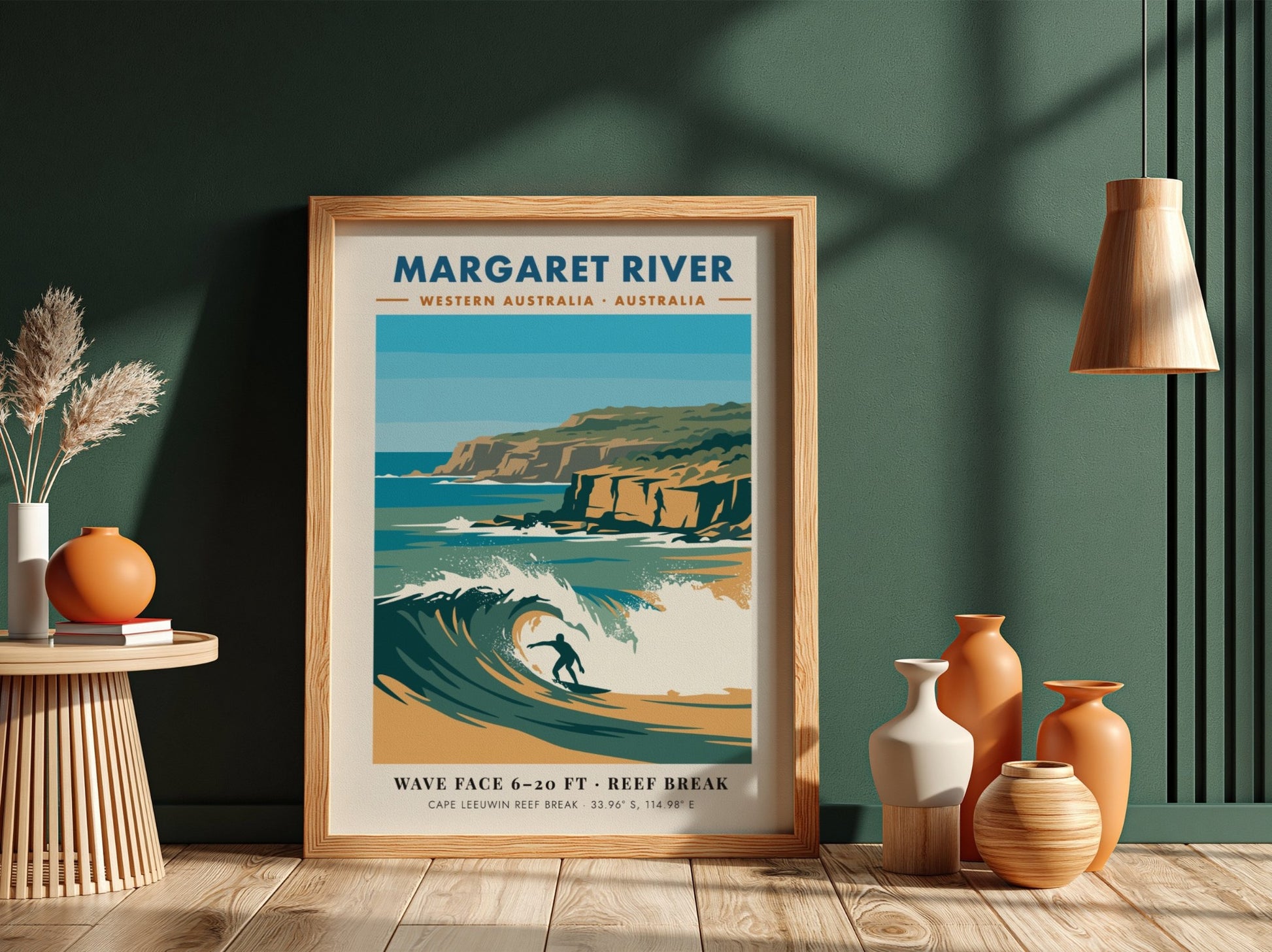 Margaret River surf poster featuring a blue wave, golden cliffs, and coastal coordinates.