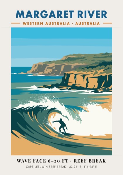 Margaret River surf poster featuring a blue wave, golden cliffs, and coastal coordinates.