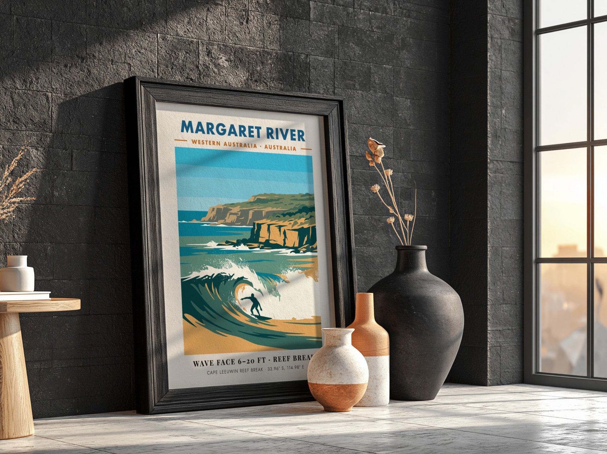 Margaret River surf poster featuring a blue wave, golden cliffs, and coastal coordinates.