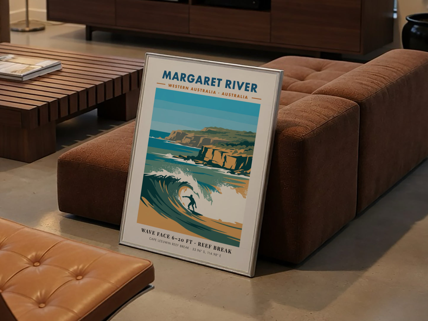 Margaret River surf poster featuring a blue wave, golden cliffs, and coastal coordinates.