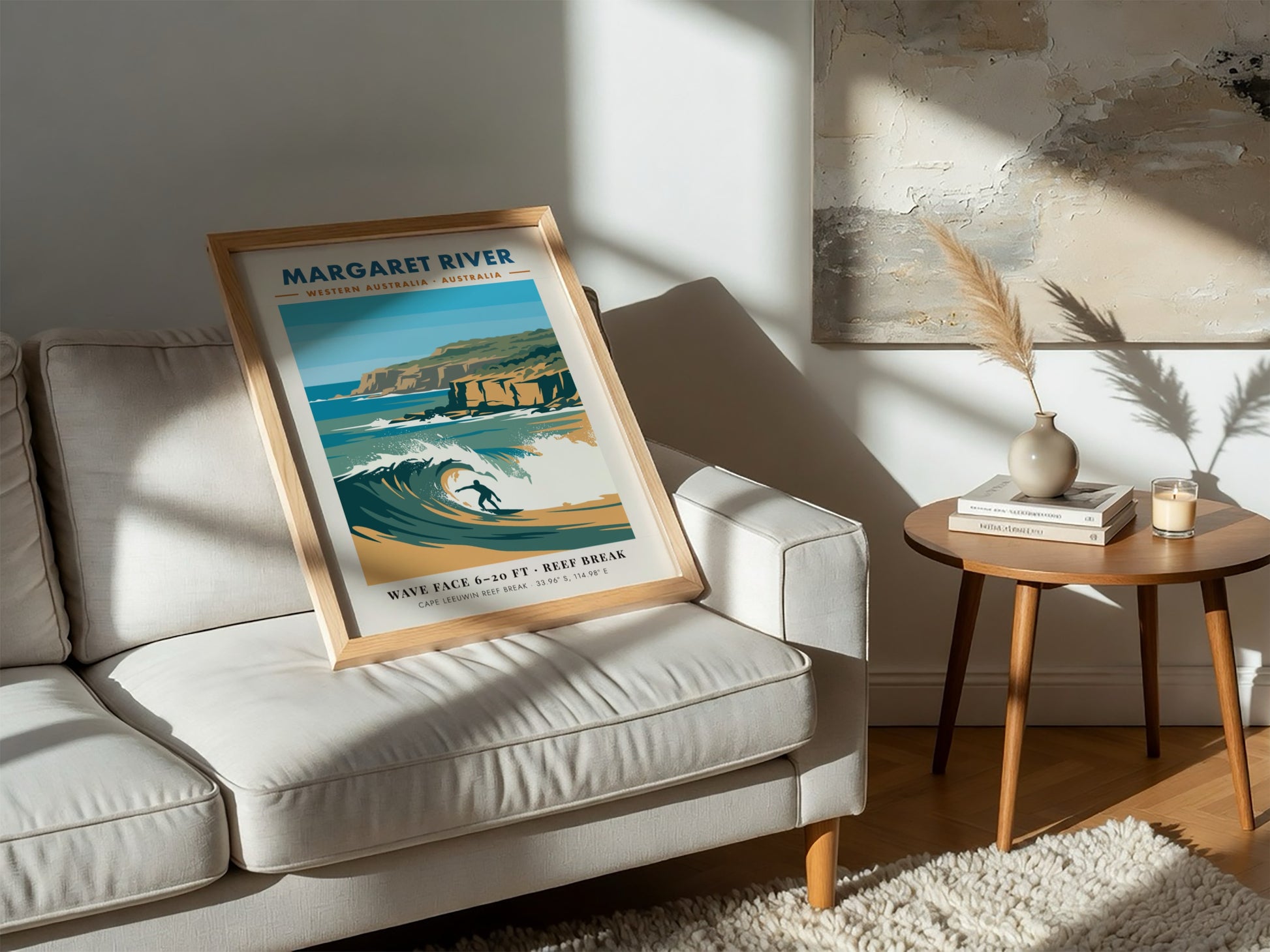 Margaret River surf poster featuring a blue wave, golden cliffs, and coastal coordinates.