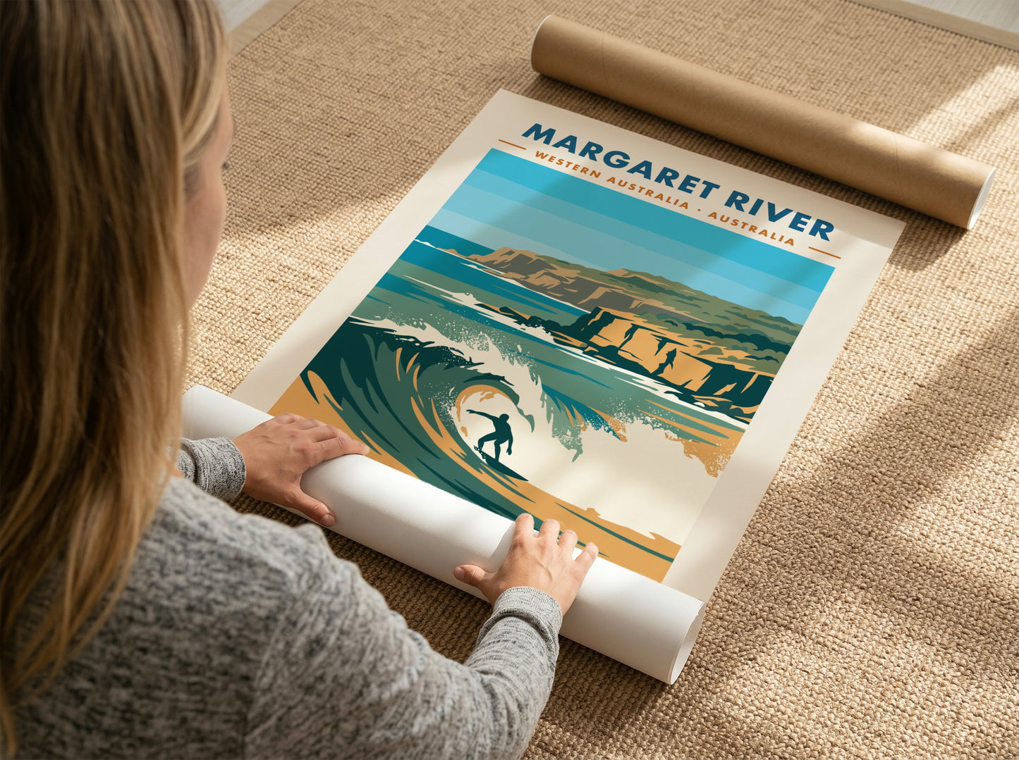 Margaret River surf poster featuring a blue wave, golden cliffs, and coastal coordinates.