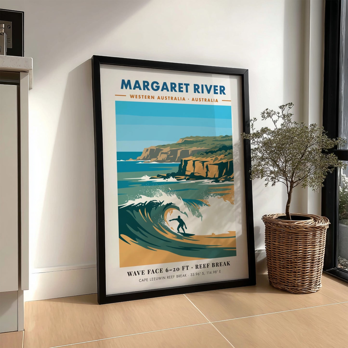 Margaret River surf poster featuring a blue wave, golden cliffs, and coastal coordinates.