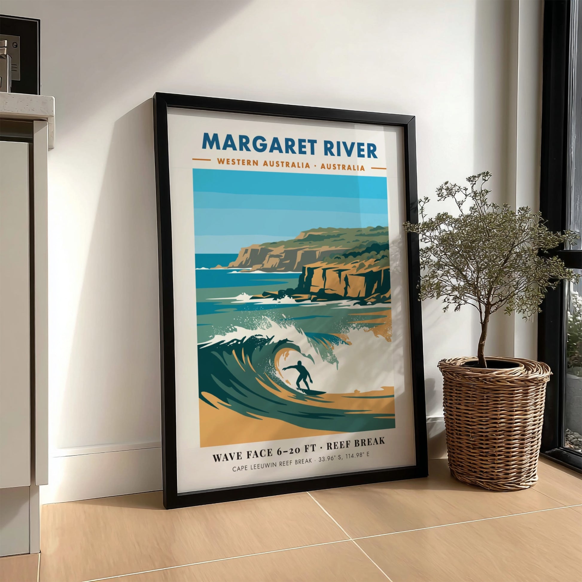 Margaret River surf poster featuring a blue wave, golden cliffs, and coastal coordinates.