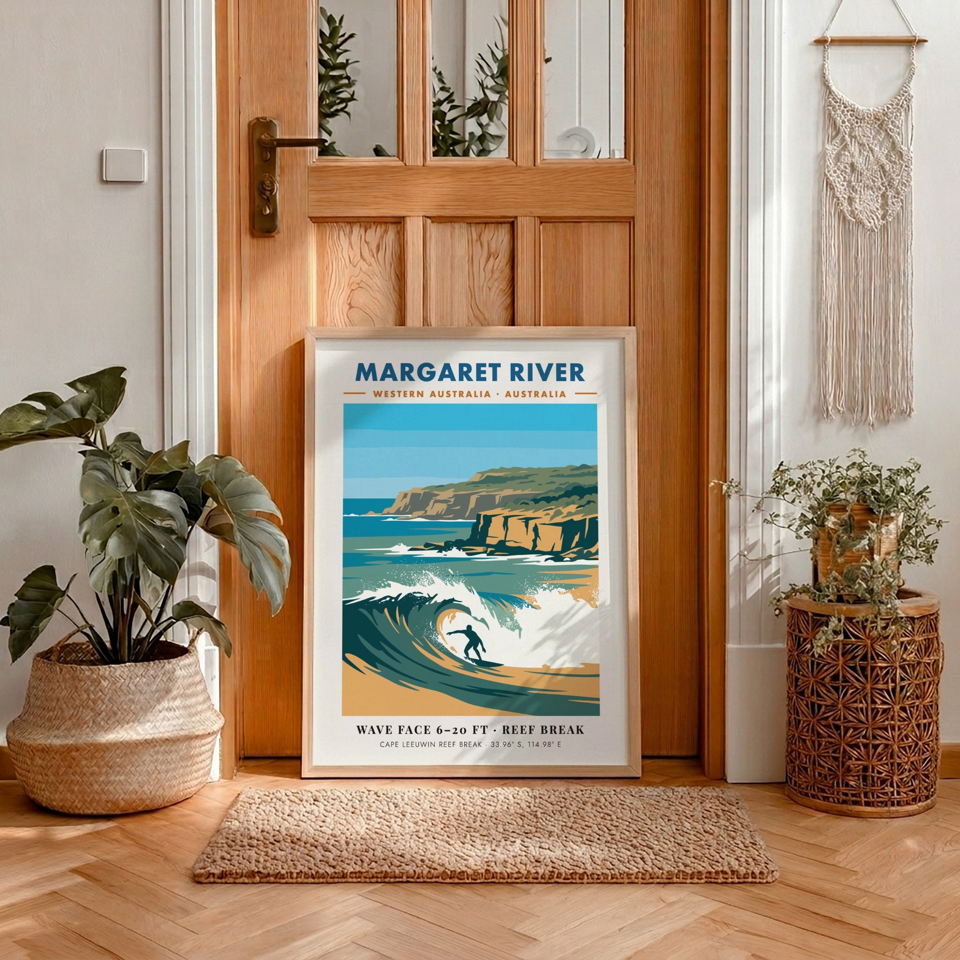 Margaret River surf poster featuring a blue wave, golden cliffs, and coastal coordinates.