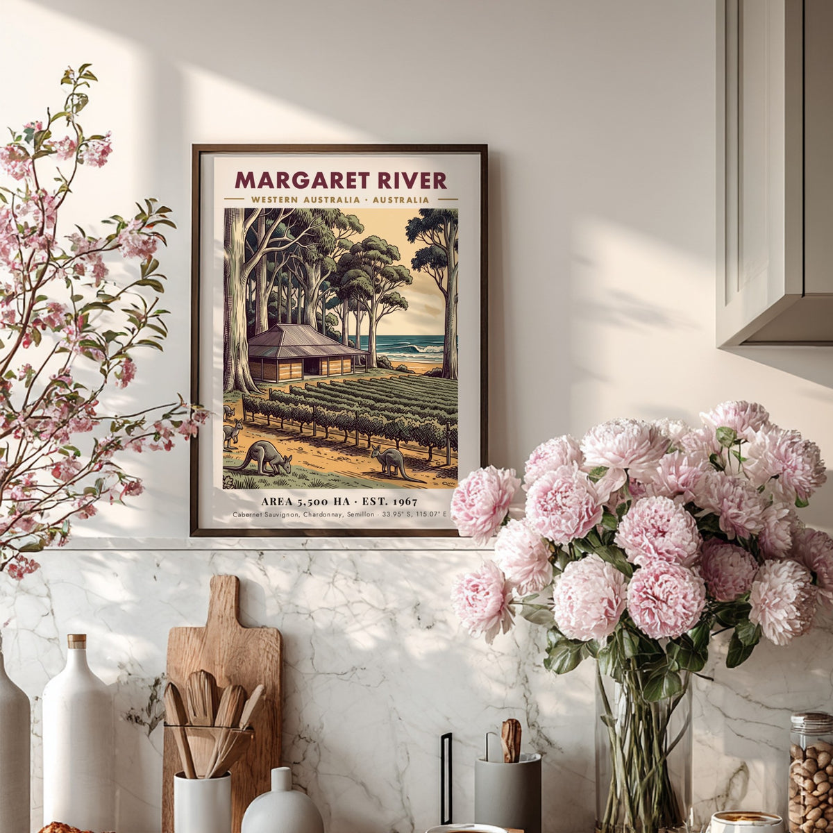 Margaret River poster featuring a vineyard, eucalyptus trees, and kangaroos near the ocean.
