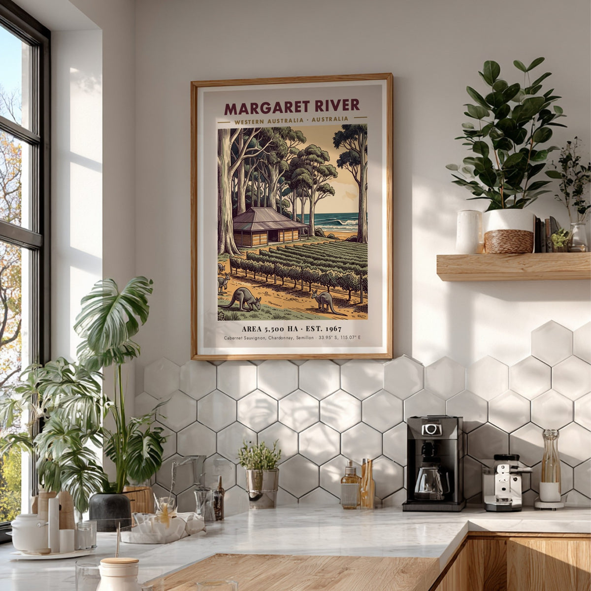 Margaret River poster featuring a vineyard, eucalyptus trees, and kangaroos near the ocean.