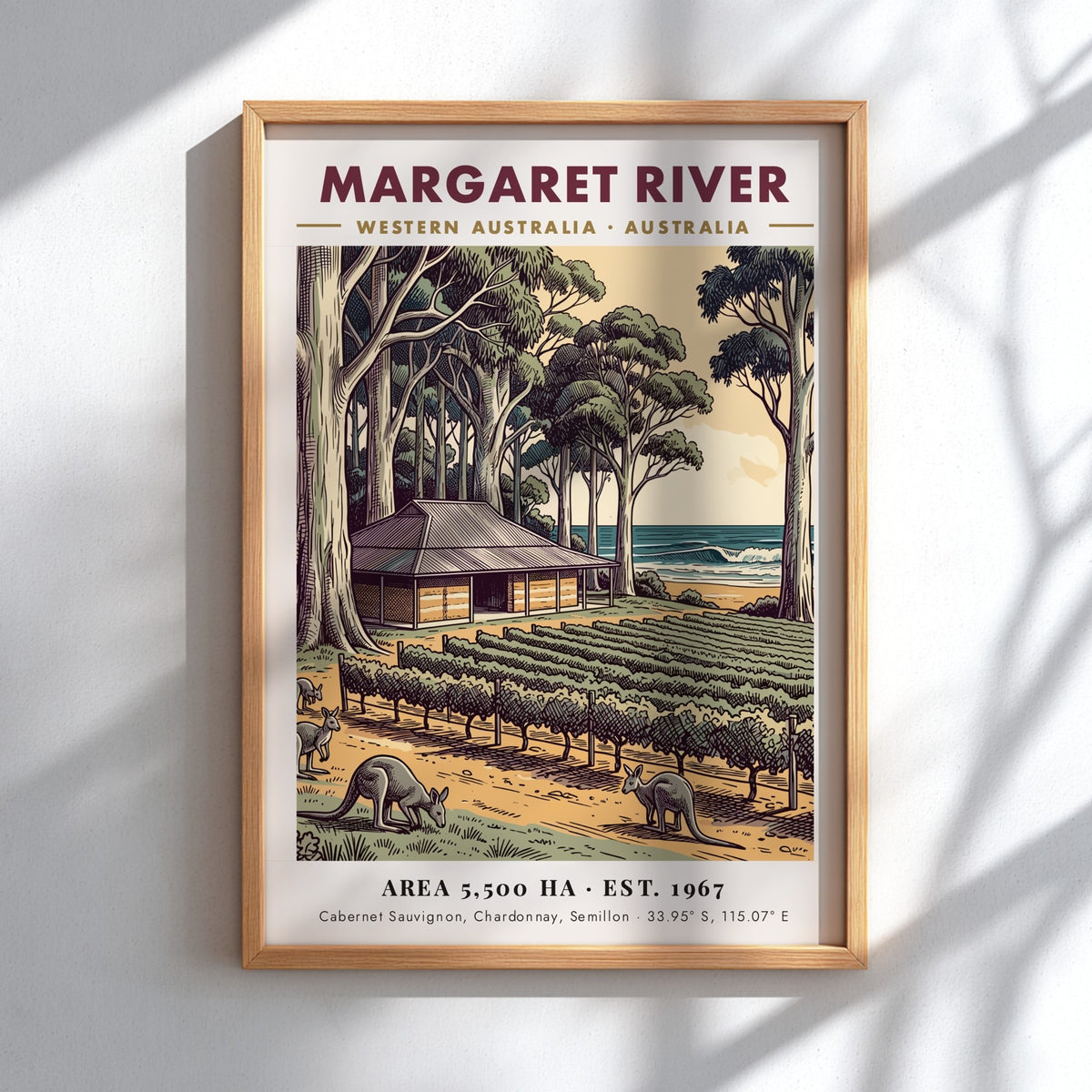 Margaret River poster featuring a vineyard, eucalyptus trees, and kangaroos near the ocean.