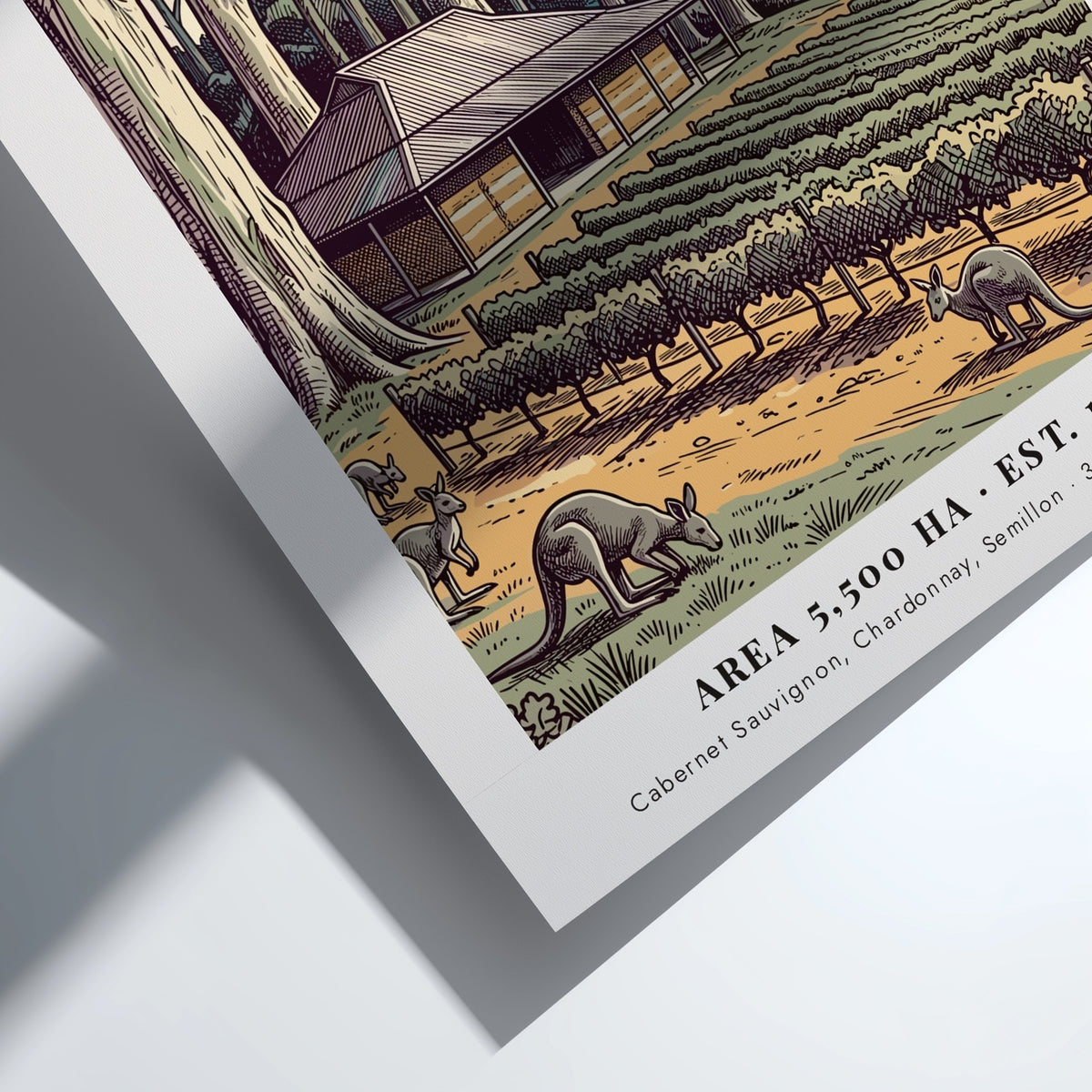 Margaret River poster featuring a vineyard, eucalyptus trees, and kangaroos near the ocean.