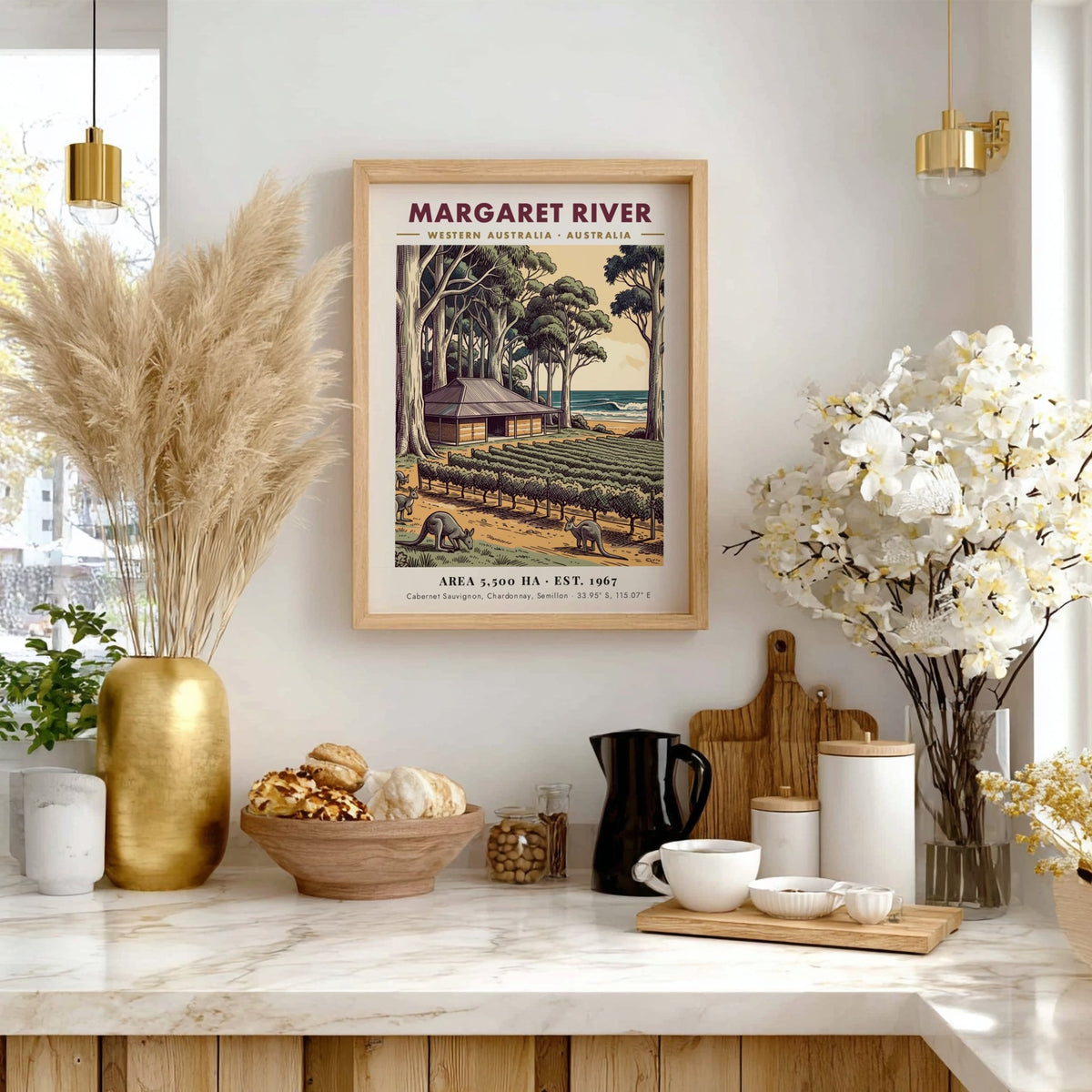 Margaret River poster featuring a vineyard, eucalyptus trees, and kangaroos near the ocean.