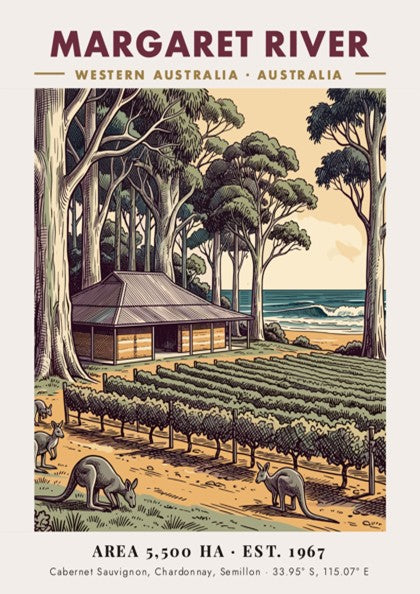 Margaret River poster featuring a vineyard, eucalyptus trees, and kangaroos near the ocean.
