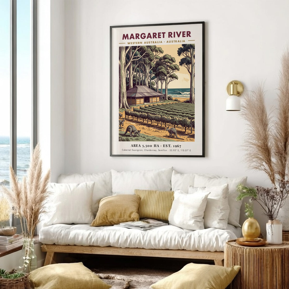 Margaret River poster featuring a vineyard, eucalyptus trees, and kangaroos near the ocean.