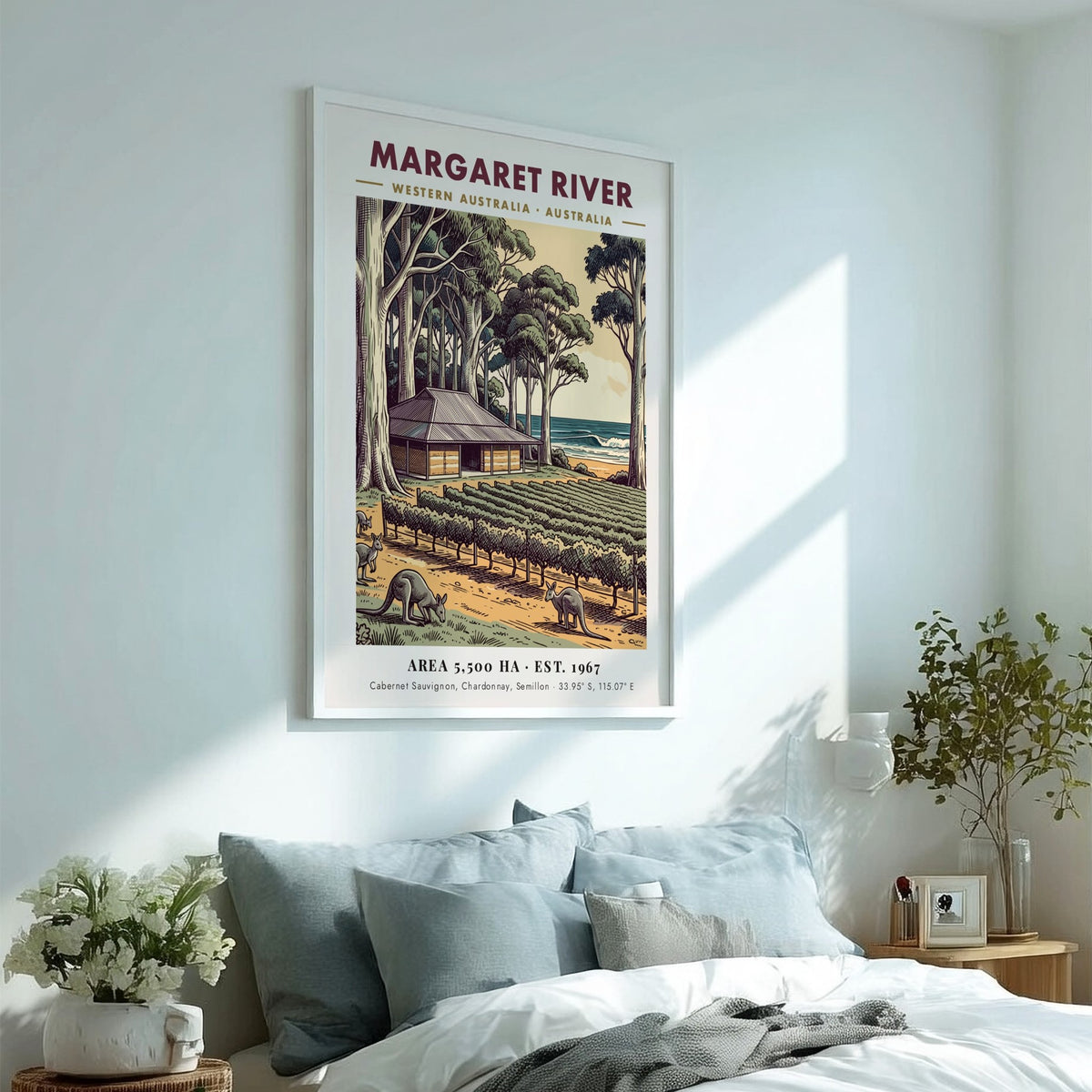 Margaret River poster featuring a vineyard, eucalyptus trees, and kangaroos near the ocean.