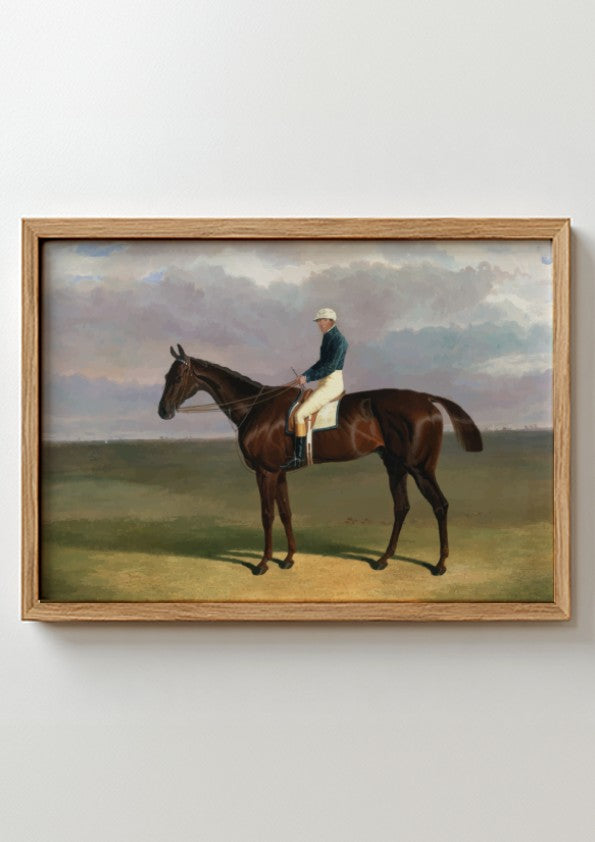 Vintage drawing of a jockey on a brown horse, titled 'Margrave with James Robinson Up', by John Frederick