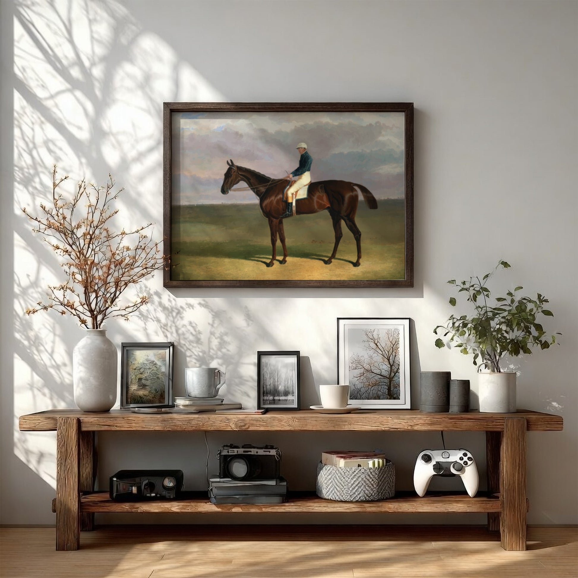 Vintage drawing of a jockey on a brown horse, titled 'Margrave with James Robinson Up', by John Frederick