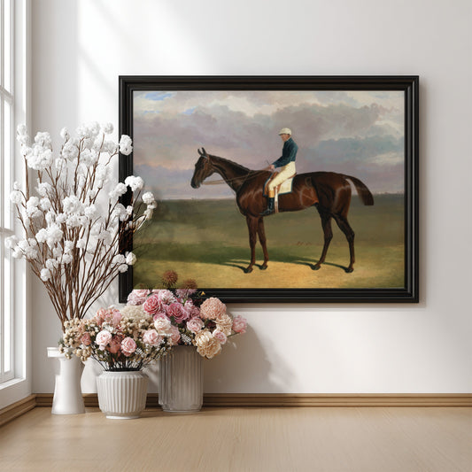 Vintage drawing of a jockey on a brown horse, titled 'Margrave with James Robinson Up', by John Frederick