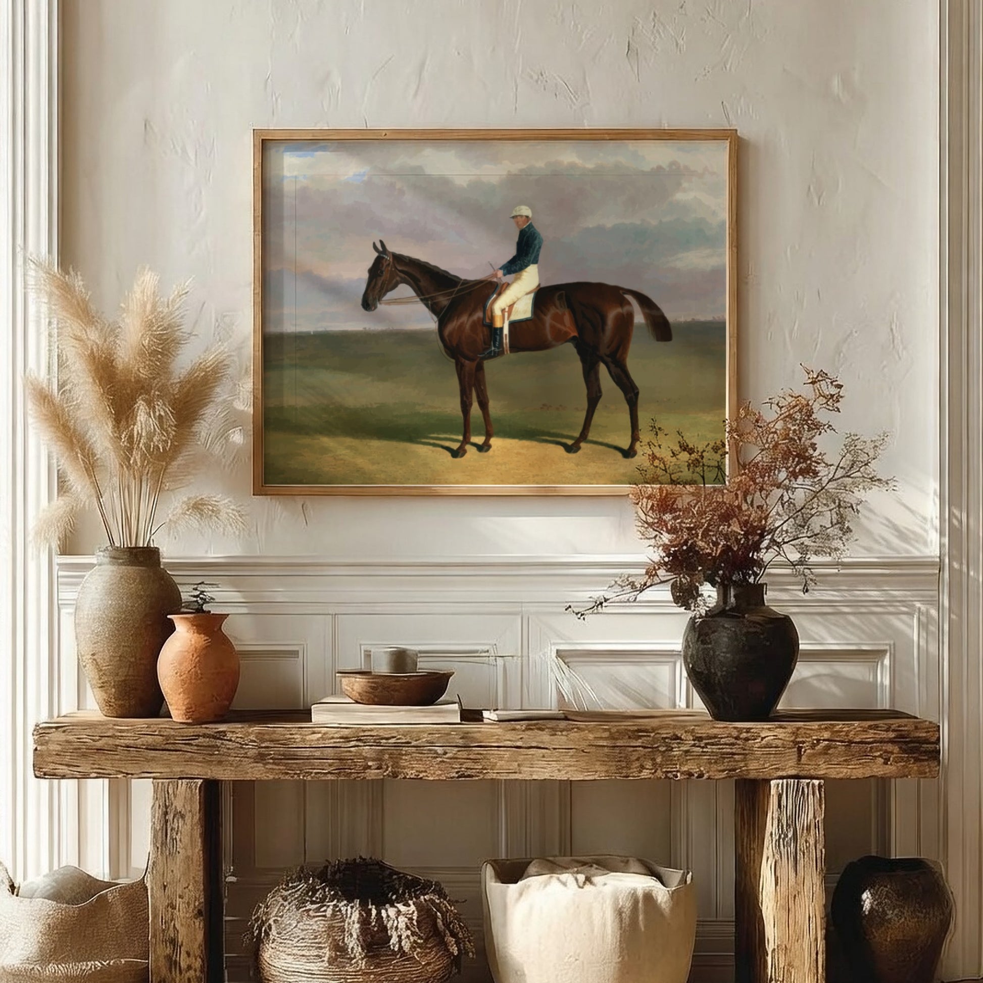 Vintage drawing of a jockey on a brown horse, titled 'Margrave with James Robinson Up', by John Frederick
