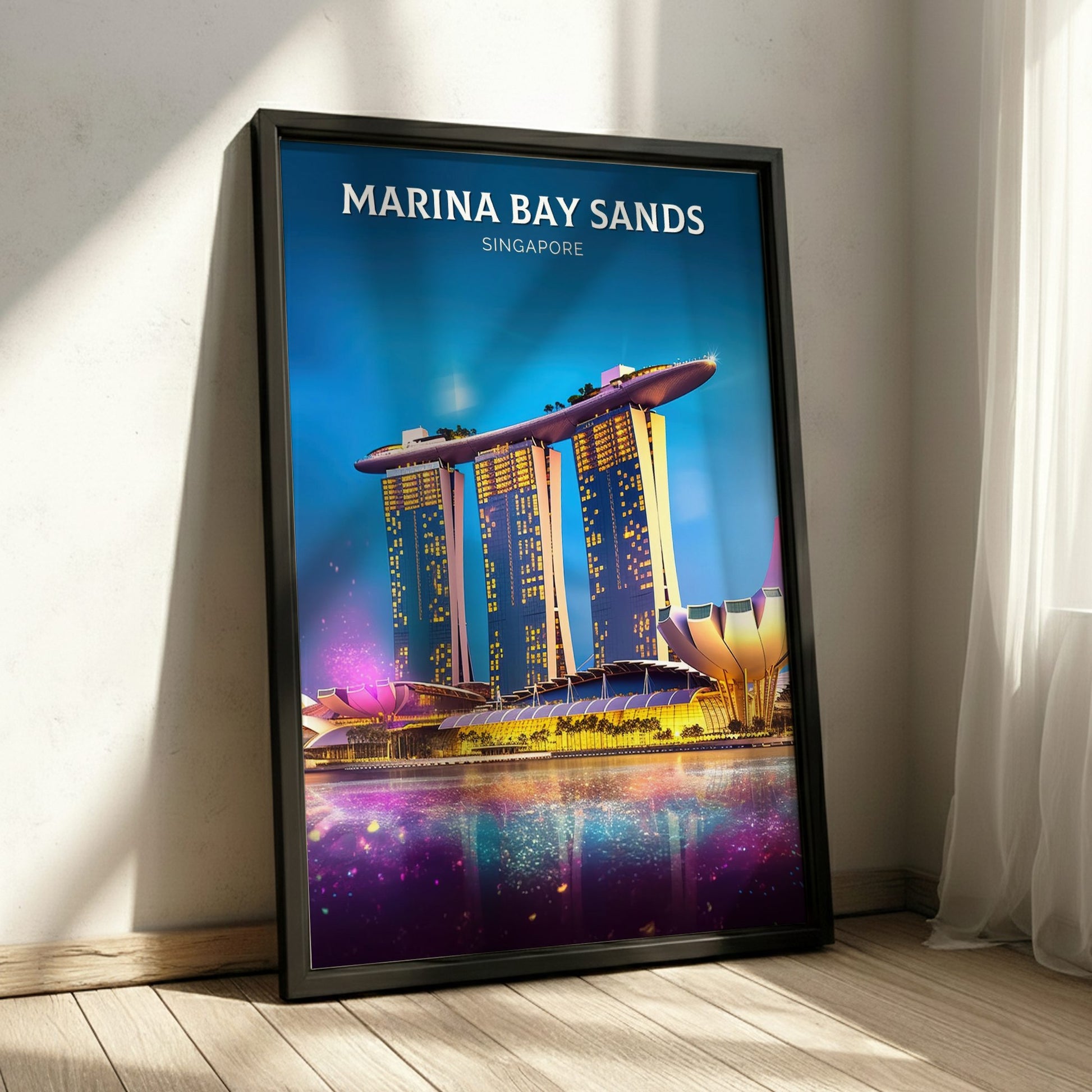 Framed poster of Marina Bay Sands in Singapore on a wall.