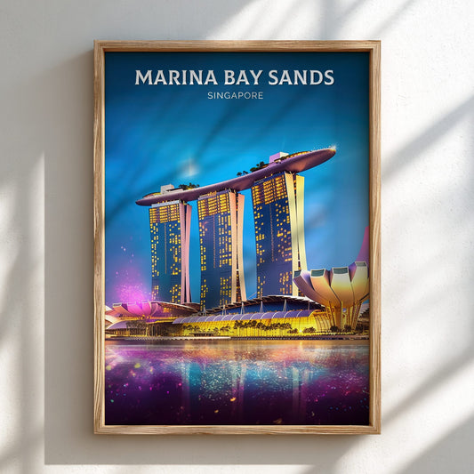 Framed poster of Marina Bay Sands in Singapore on a wall.
