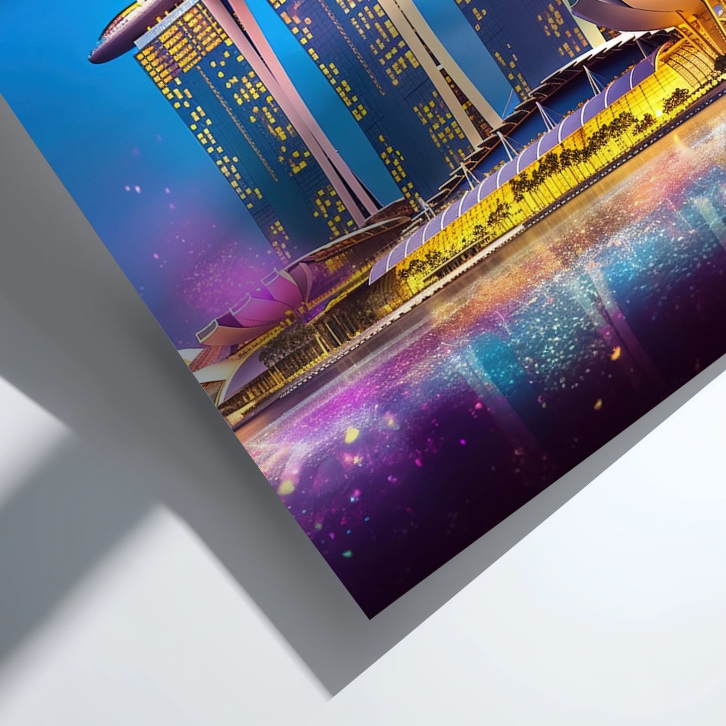 Colorful cityscape with modern buildings and a fountain at night.