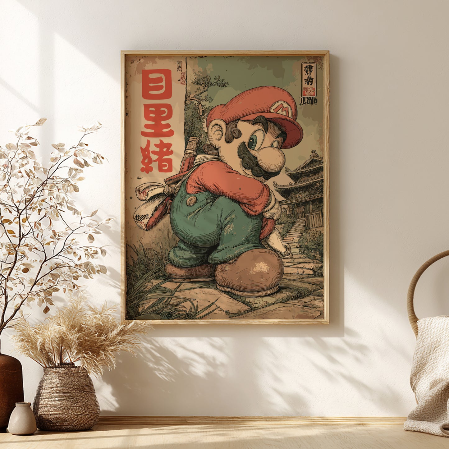Framed artwork of Super Mario on a wall with decorative elements.