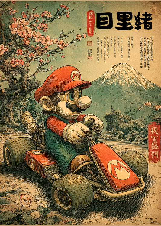 Super Mario in a go-kart with Mount Fuji and cherry blossoms in the background