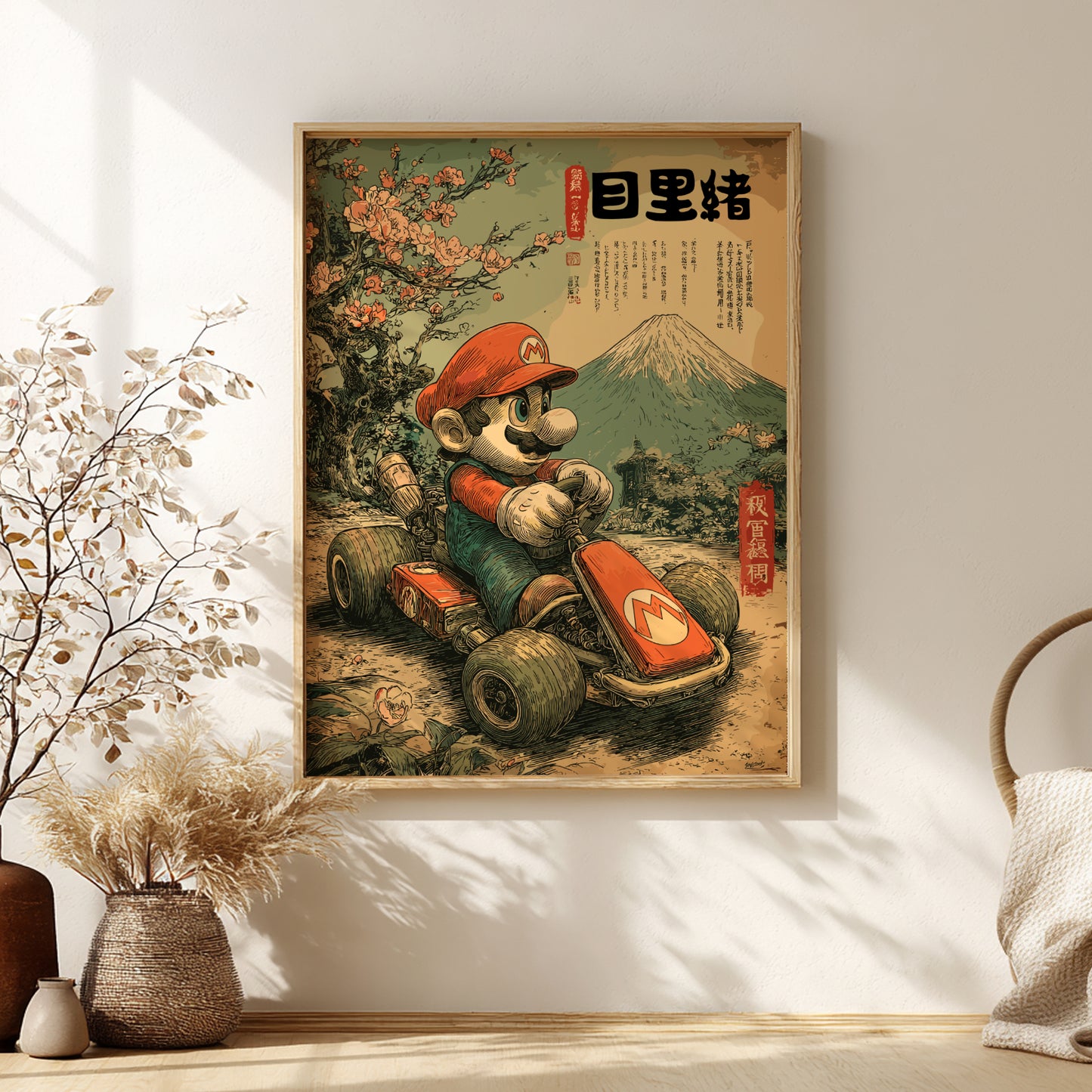 Framed artwork of Super Mario in a go-kart with Japanese text and mountain scenery.