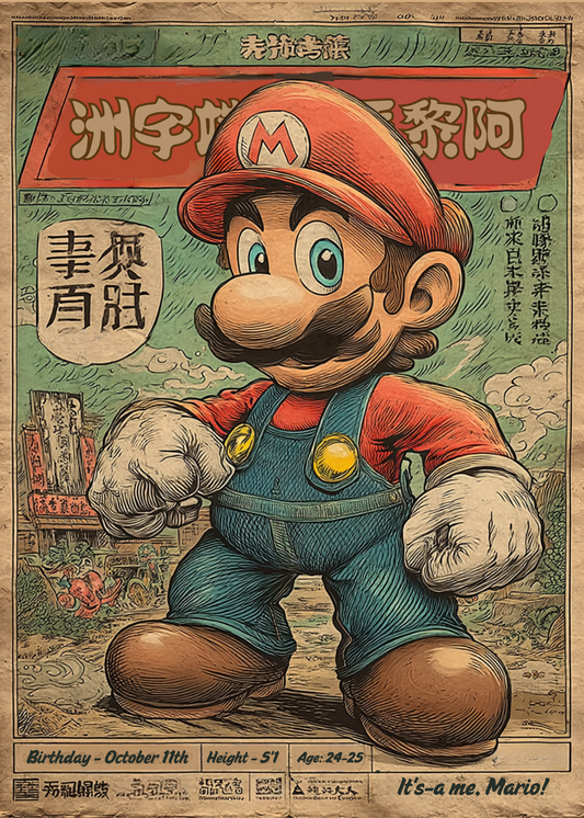 Super Mario, standing in a stylized urban setting.