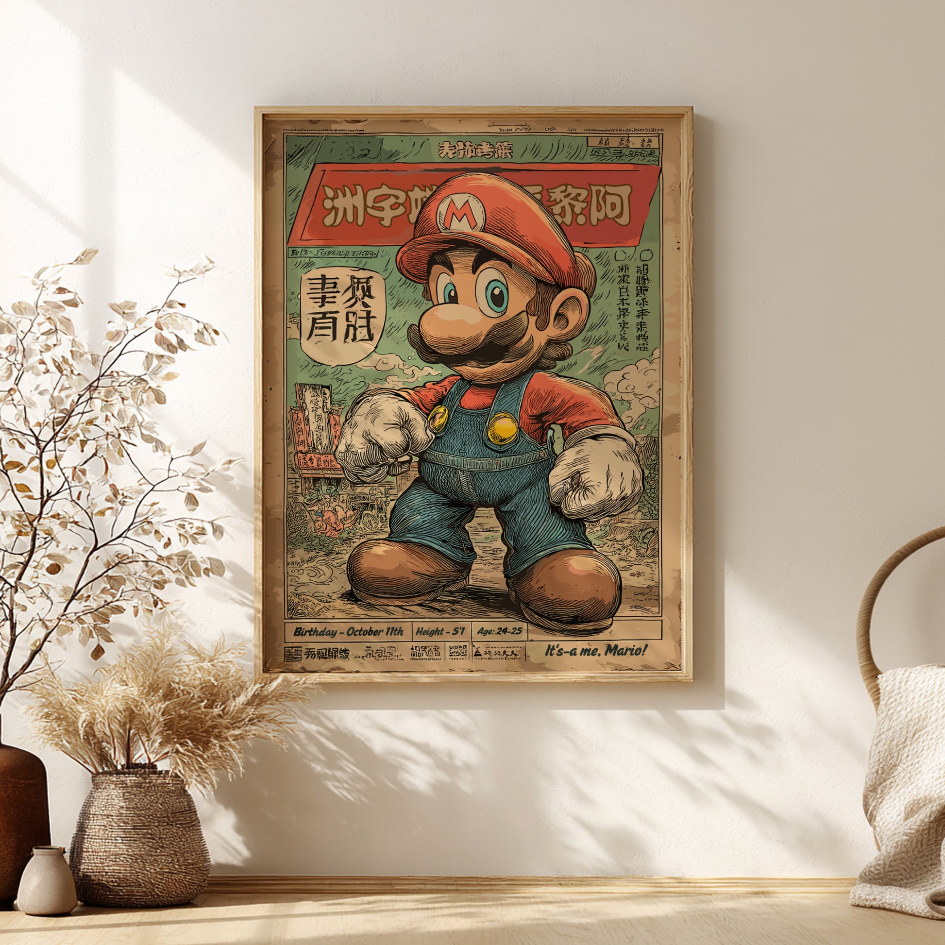 Framed poster of Super Mario on a wall.