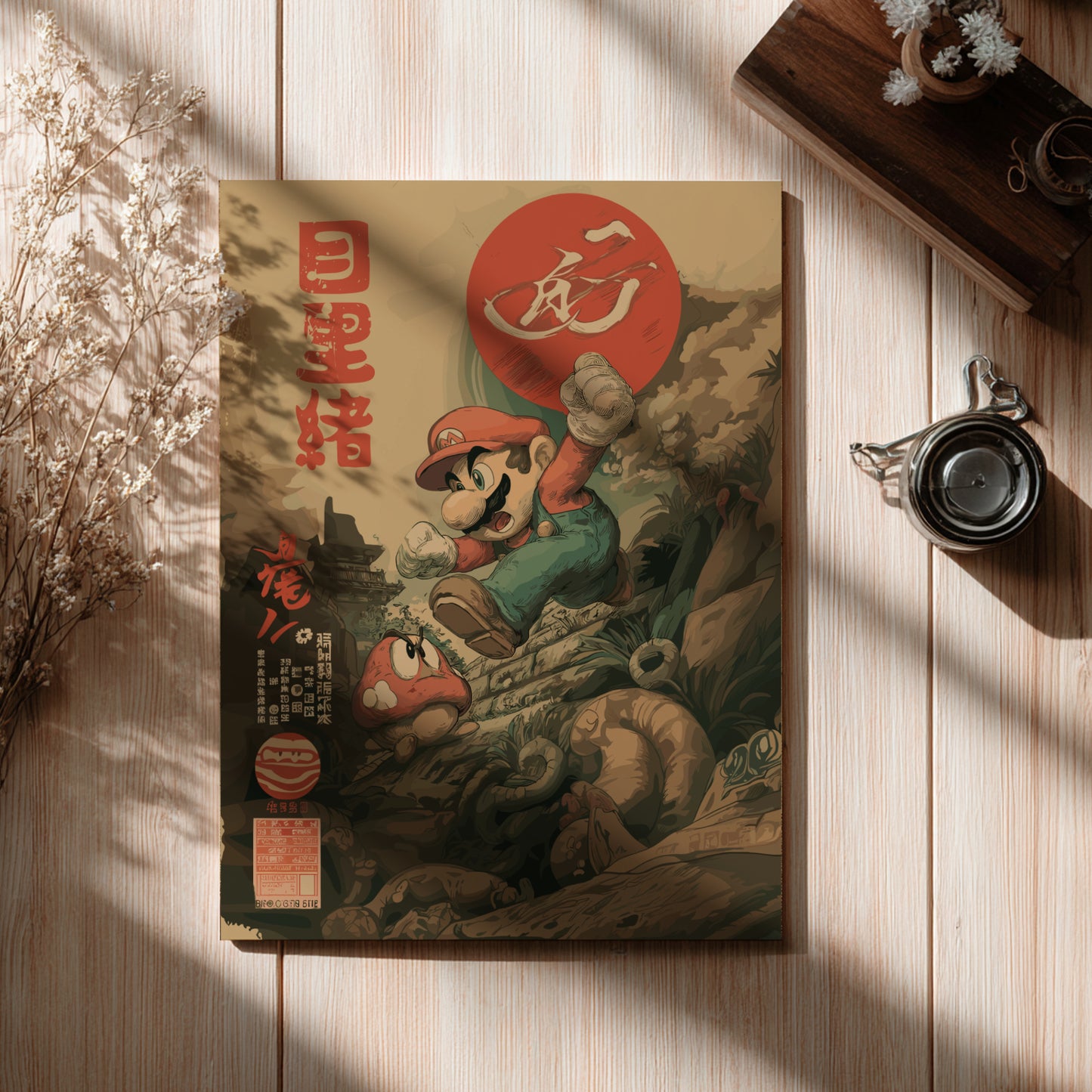 Poster with Super Mario holding a red circle on a wooden surface