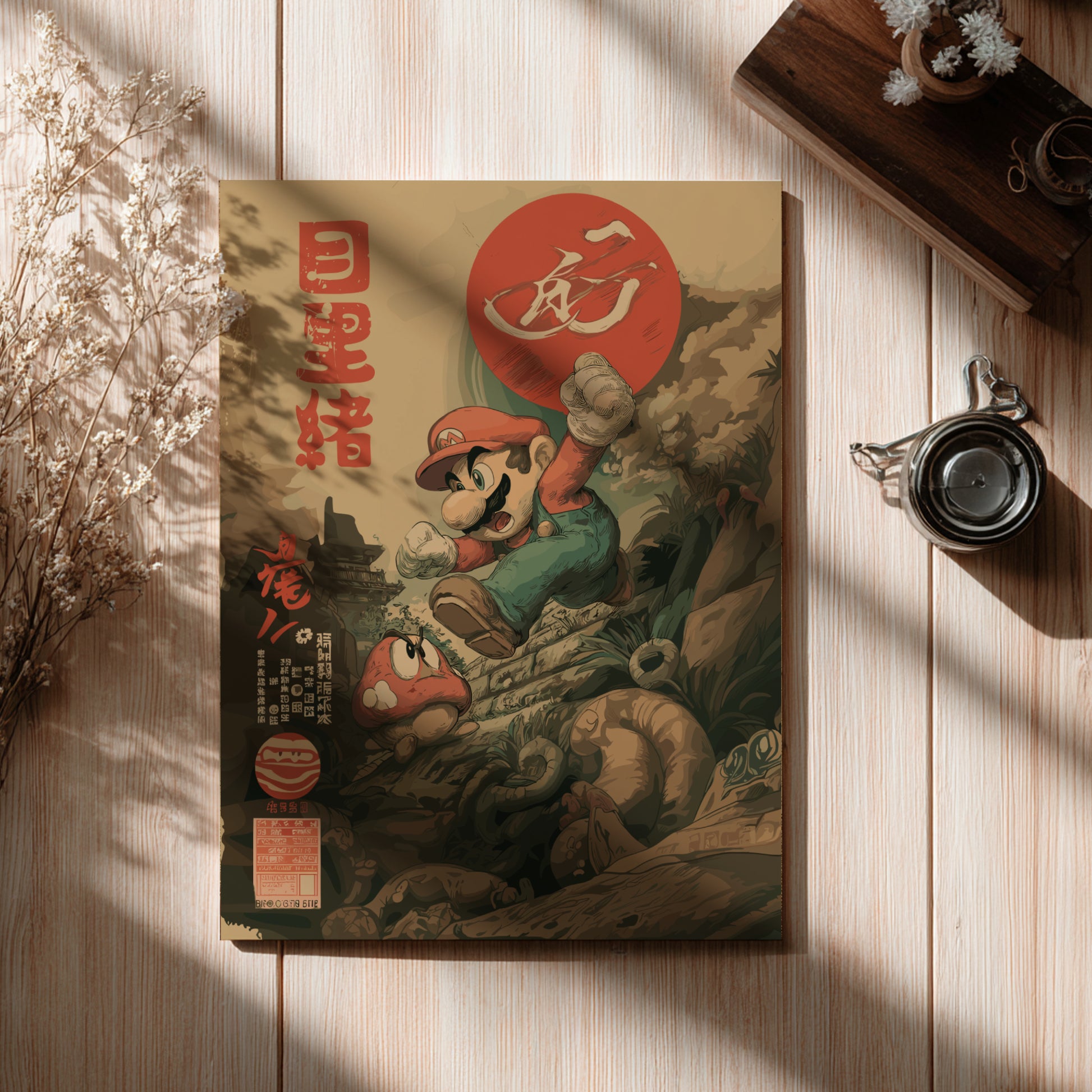 Poster with Super Mario holding a red circle on a wooden surface