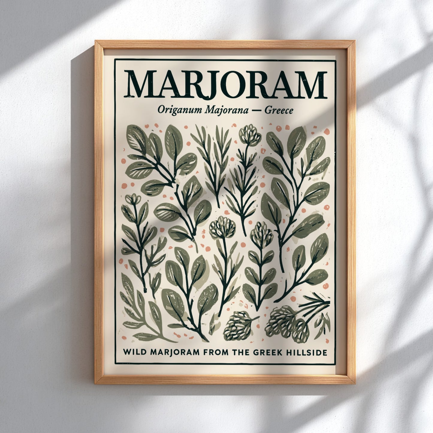 Kitchen poster featuring marjoram illustrations in earthy tones, botanical decor style.