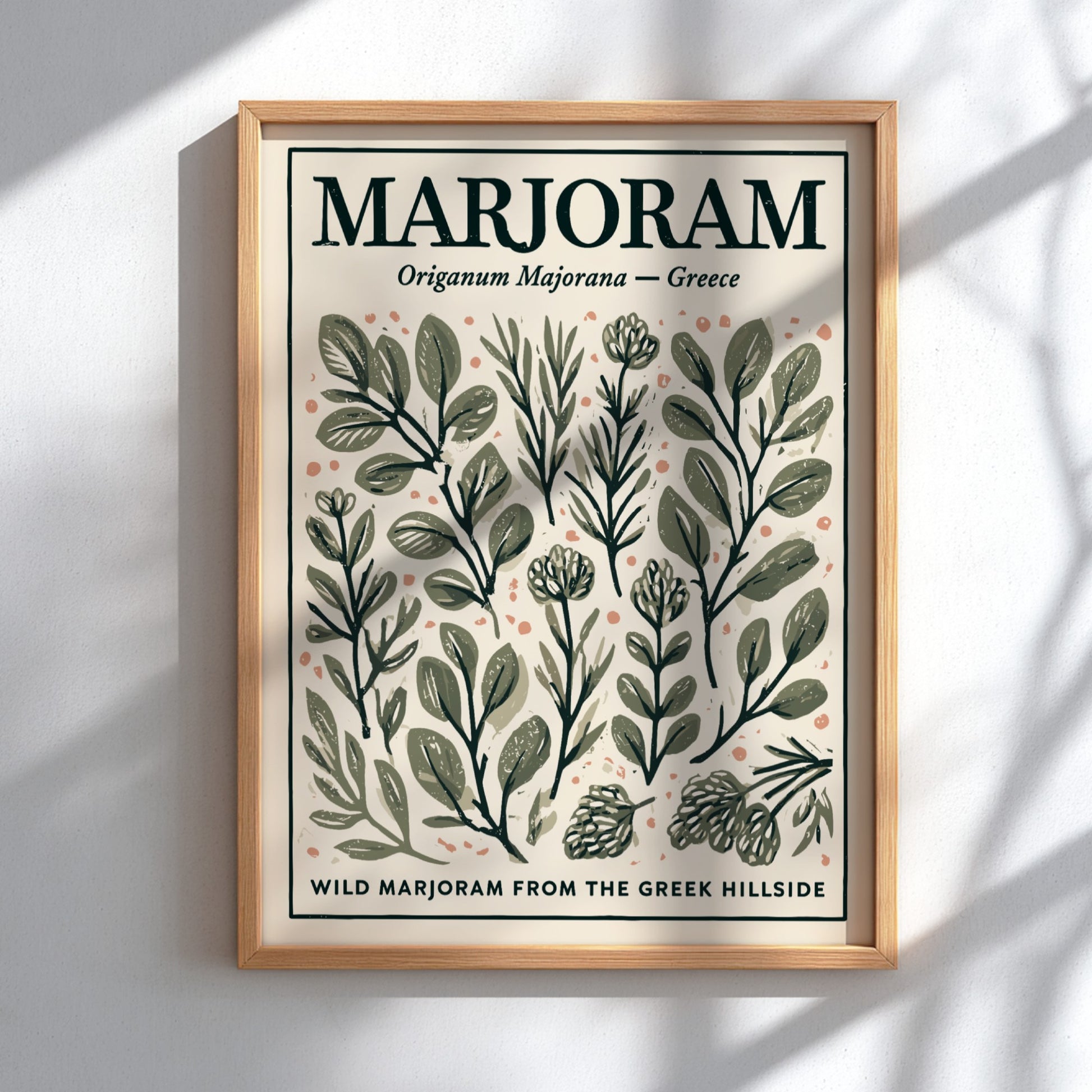 Kitchen poster featuring marjoram illustrations in earthy tones, botanical decor style.