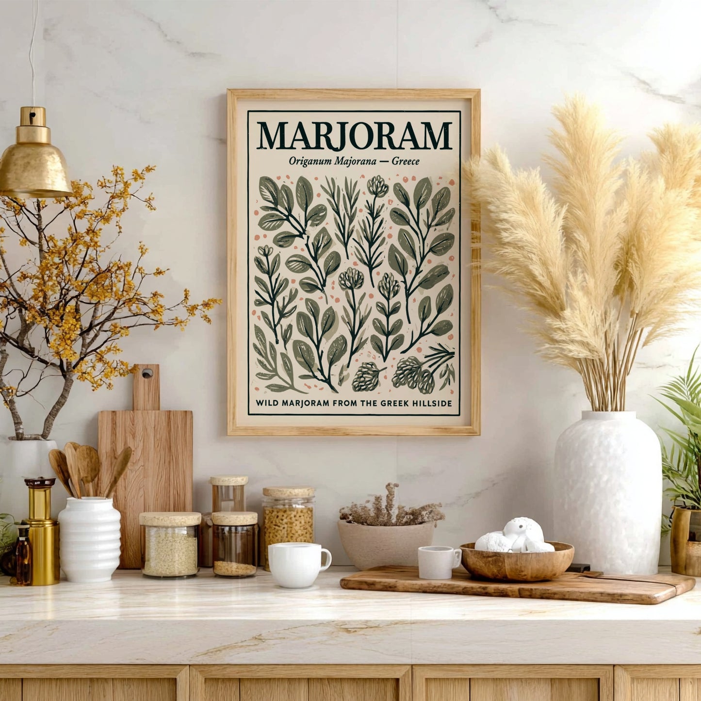 Kitchen poster featuring marjoram illustrations in earthy tones, botanical decor style.