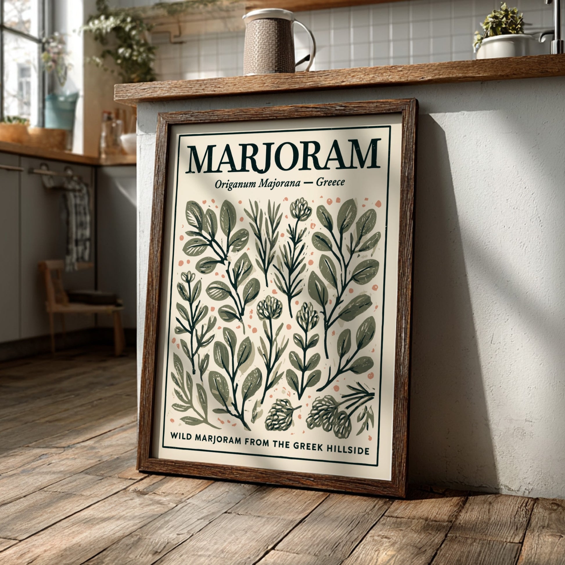 Kitchen poster featuring marjoram illustrations in earthy tones, botanical decor style.