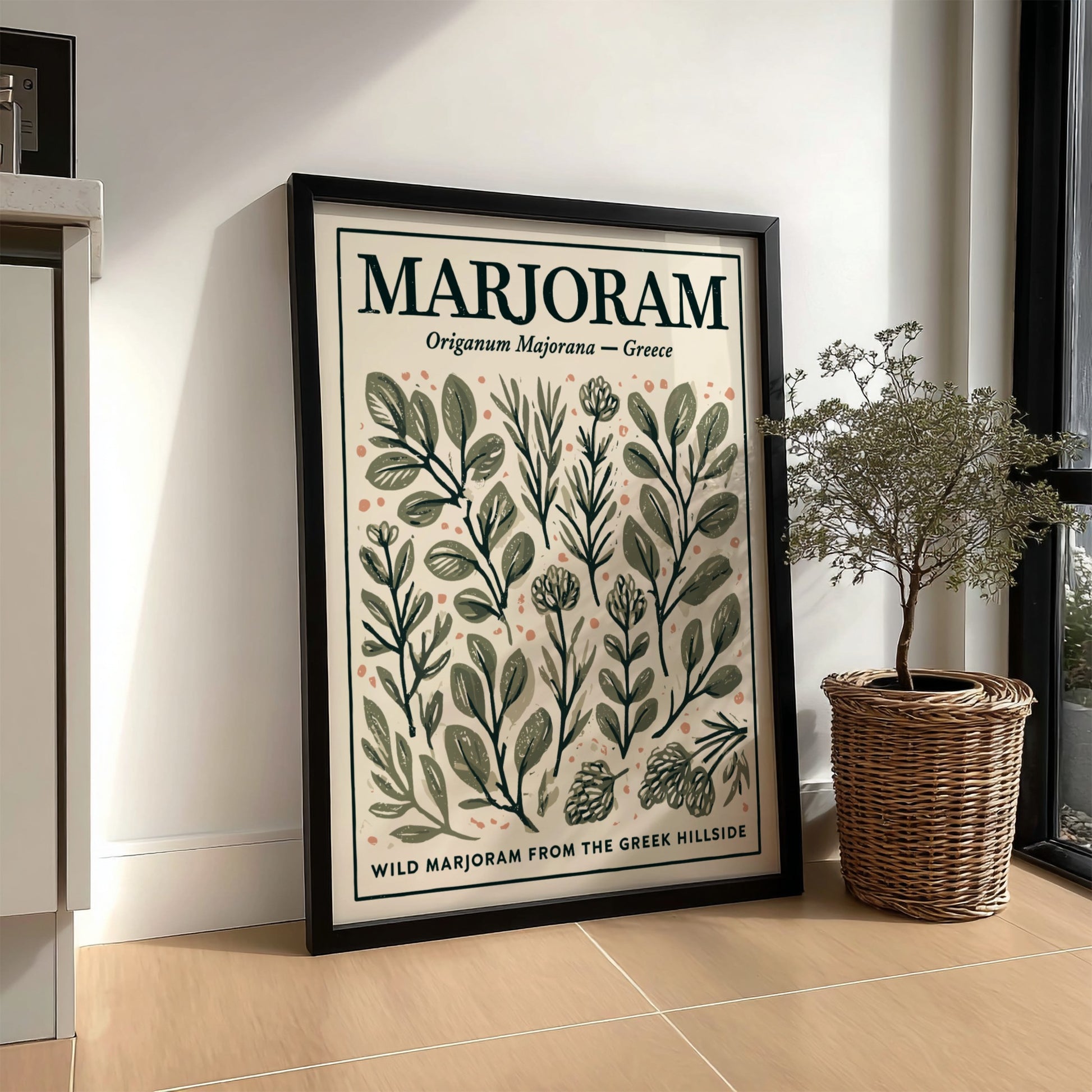 Kitchen poster featuring marjoram illustrations in earthy tones, botanical decor style.