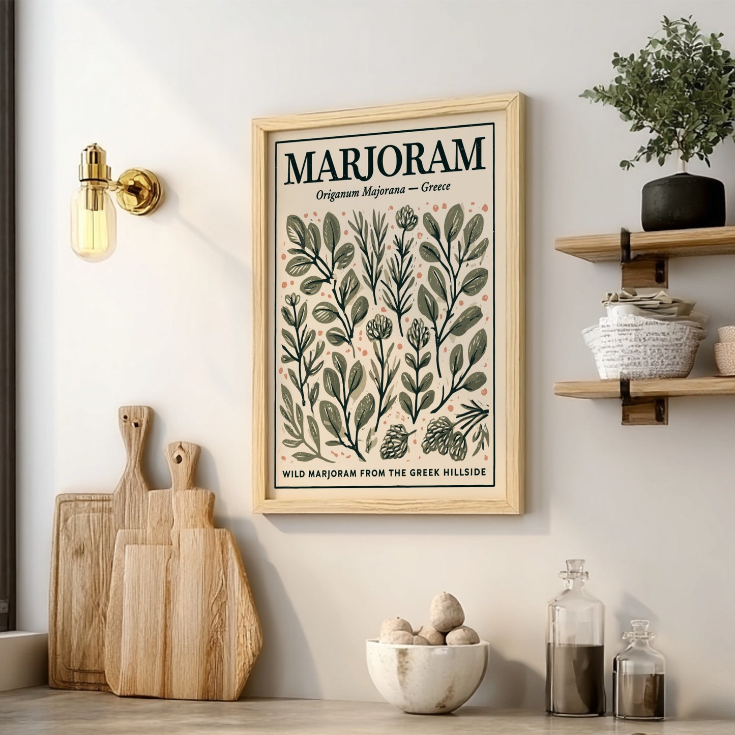 Kitchen poster featuring marjoram illustrations in earthy tones, botanical decor style.