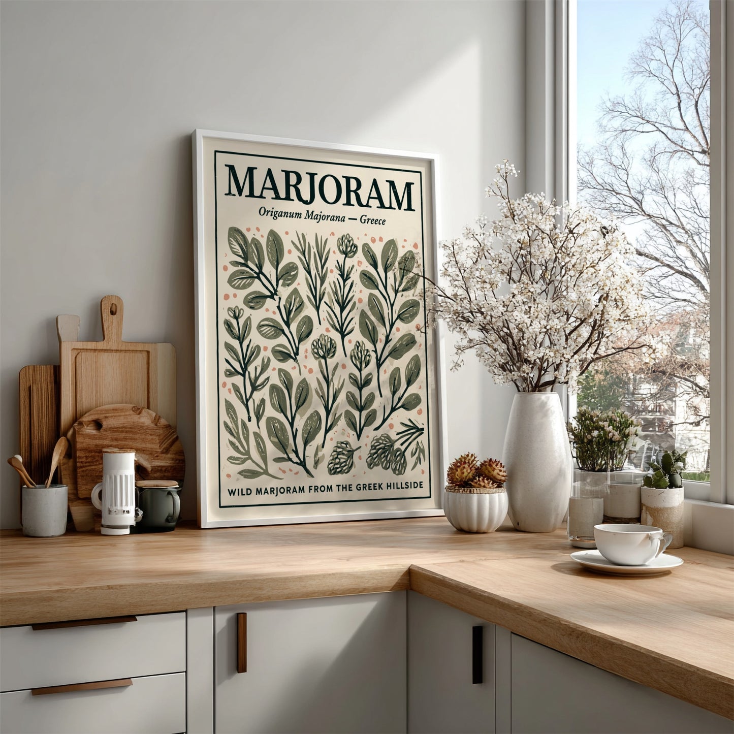 Kitchen poster featuring marjoram illustrations in earthy tones, botanical decor style.