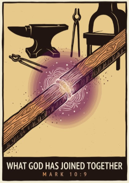 Poster featuring a wooden beam being joined together with blacksmith tools on cream background
