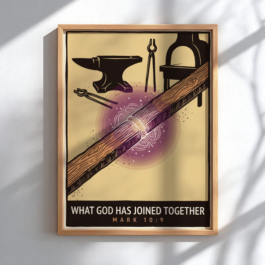 Poster featuring a wooden beam being joined together with blacksmith tools on cream background