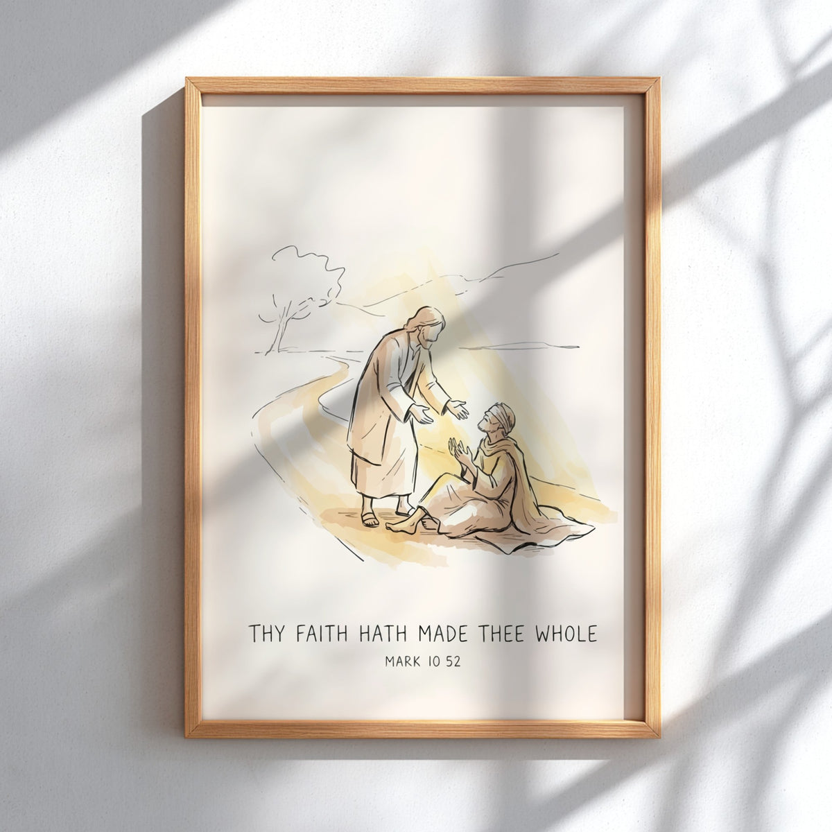 Poster featuring a soft golden line drawing of Jesus healing a man with text