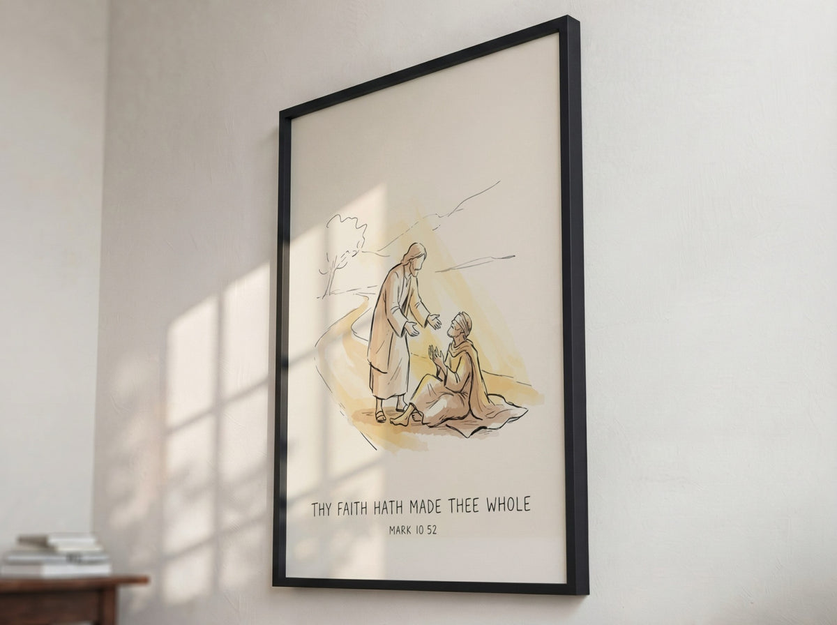 Poster featuring a soft golden line drawing of Jesus healing a man with text