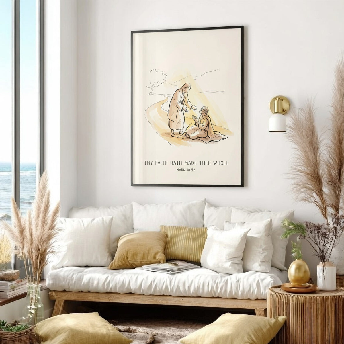 Poster featuring a soft golden line drawing of Jesus healing a man with text