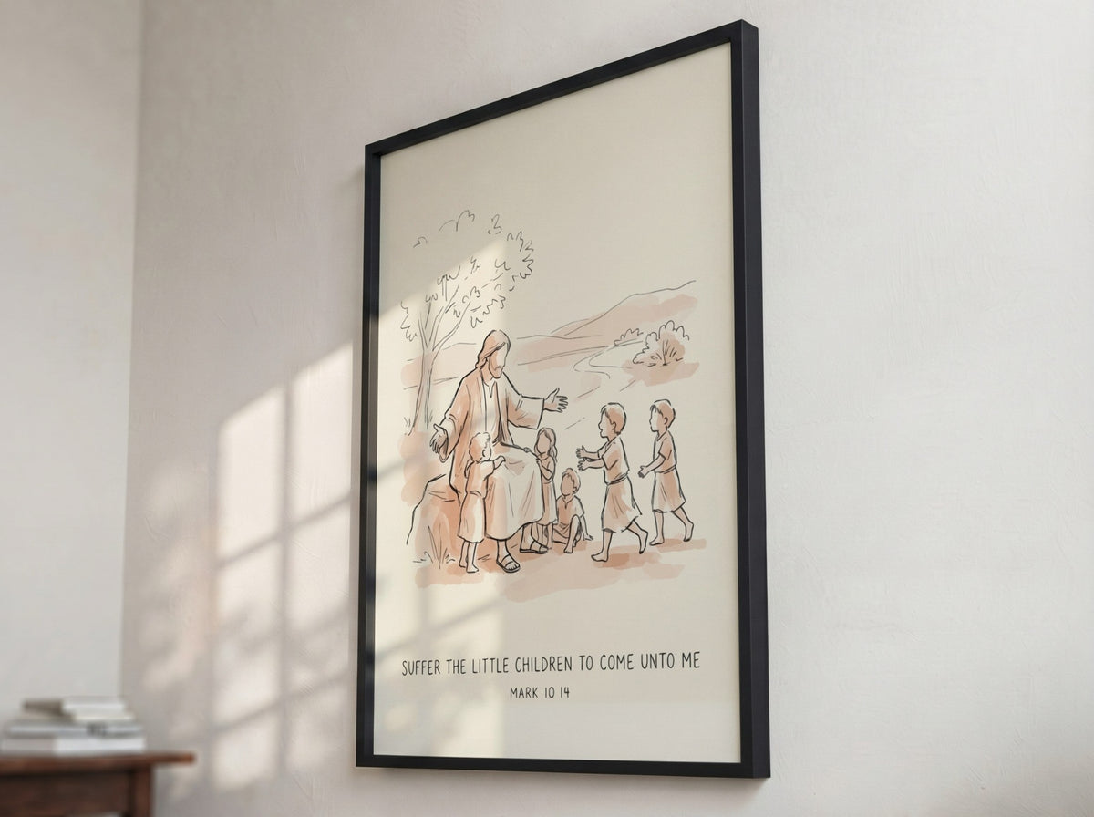 Poster featuring Jesus welcoming children in a soft sepia line drawing minimalist style