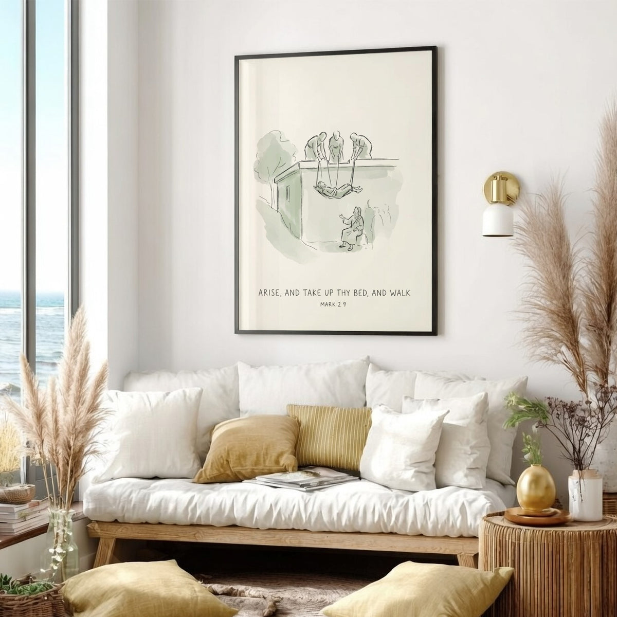 Minimalist Bible poster featuring a line drawing of a healing miracle in green.