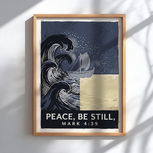 Poster displaying a boat on a stormy sea turning calm with scripture text below.
