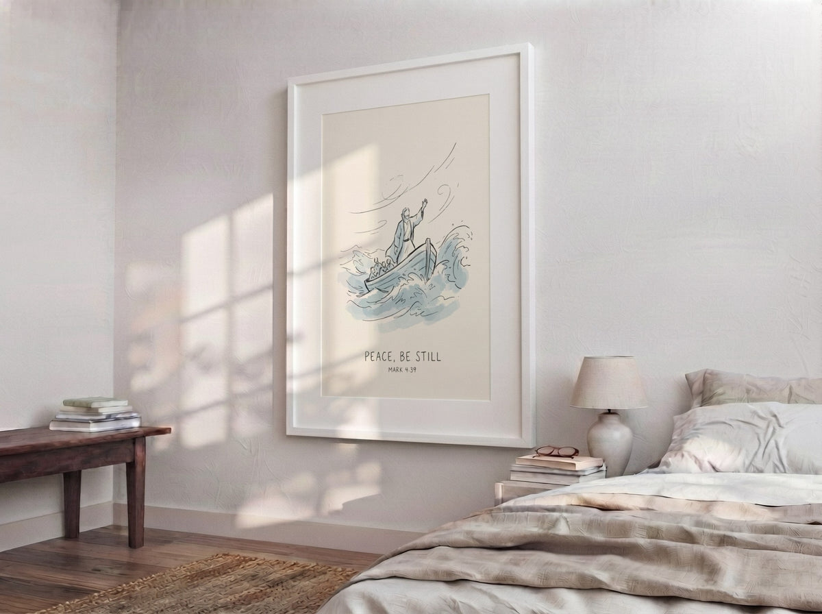 Poster featuring Jesus standing in a boat on stormy blue waves with text below.