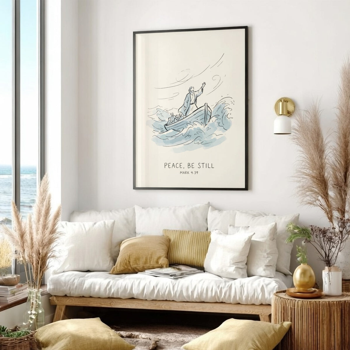 Poster featuring Jesus standing in a boat on stormy blue waves with text below.