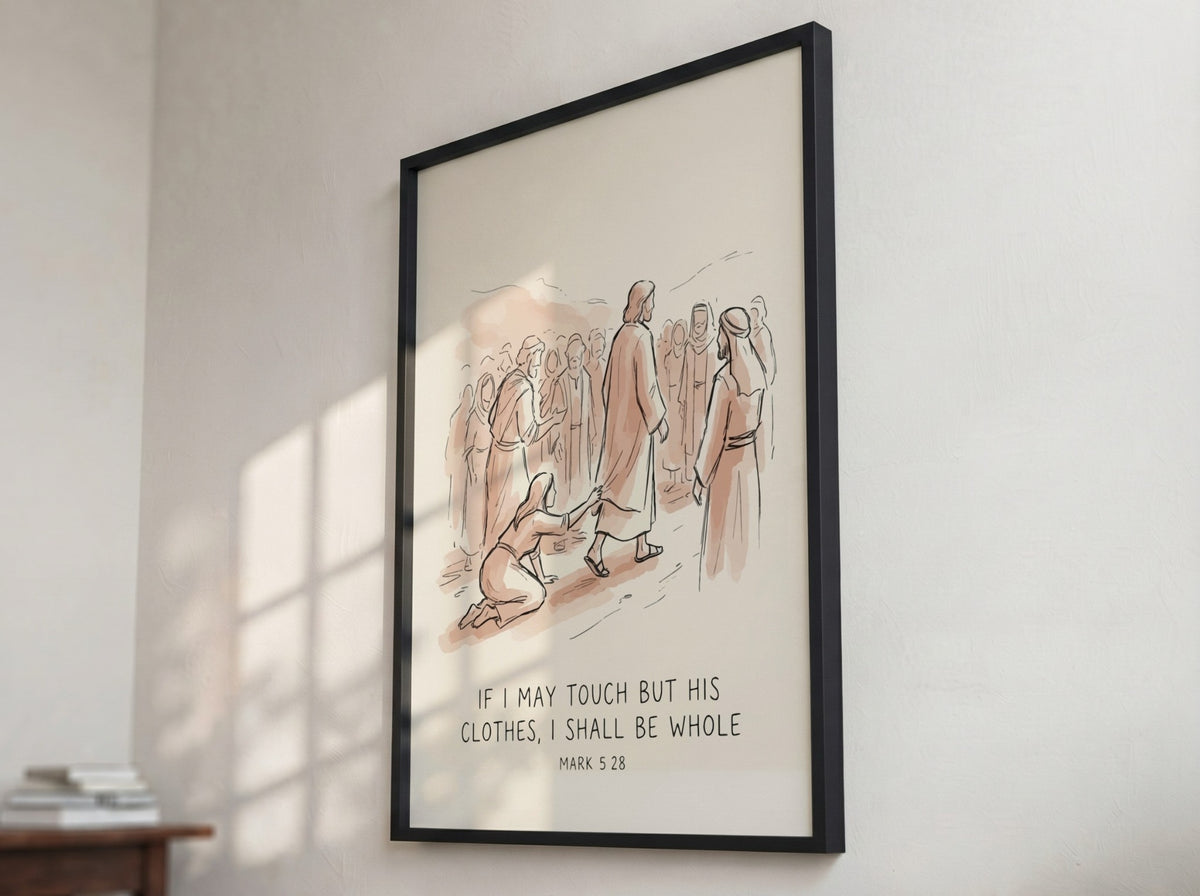 Poster featuring a gentle sketch of a woman touching the hem of a robe.